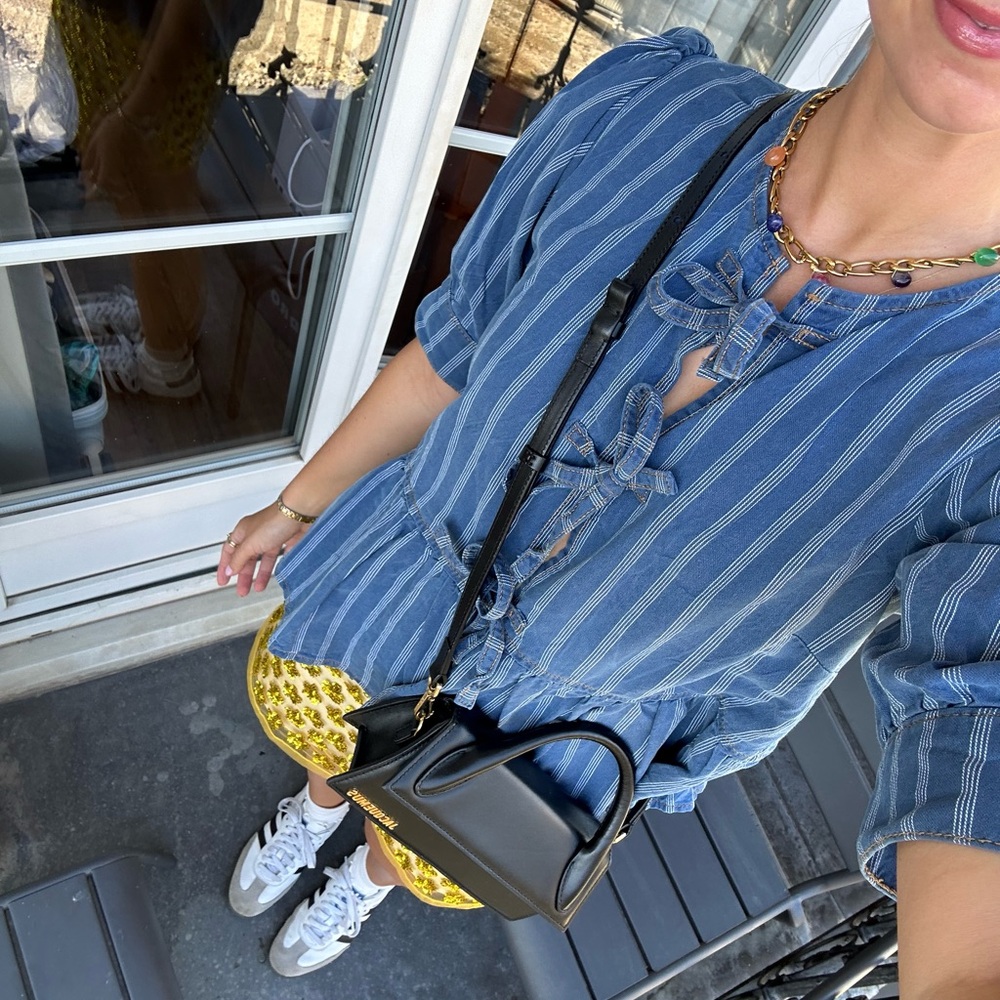 Ganni Striped denim front bow tie top